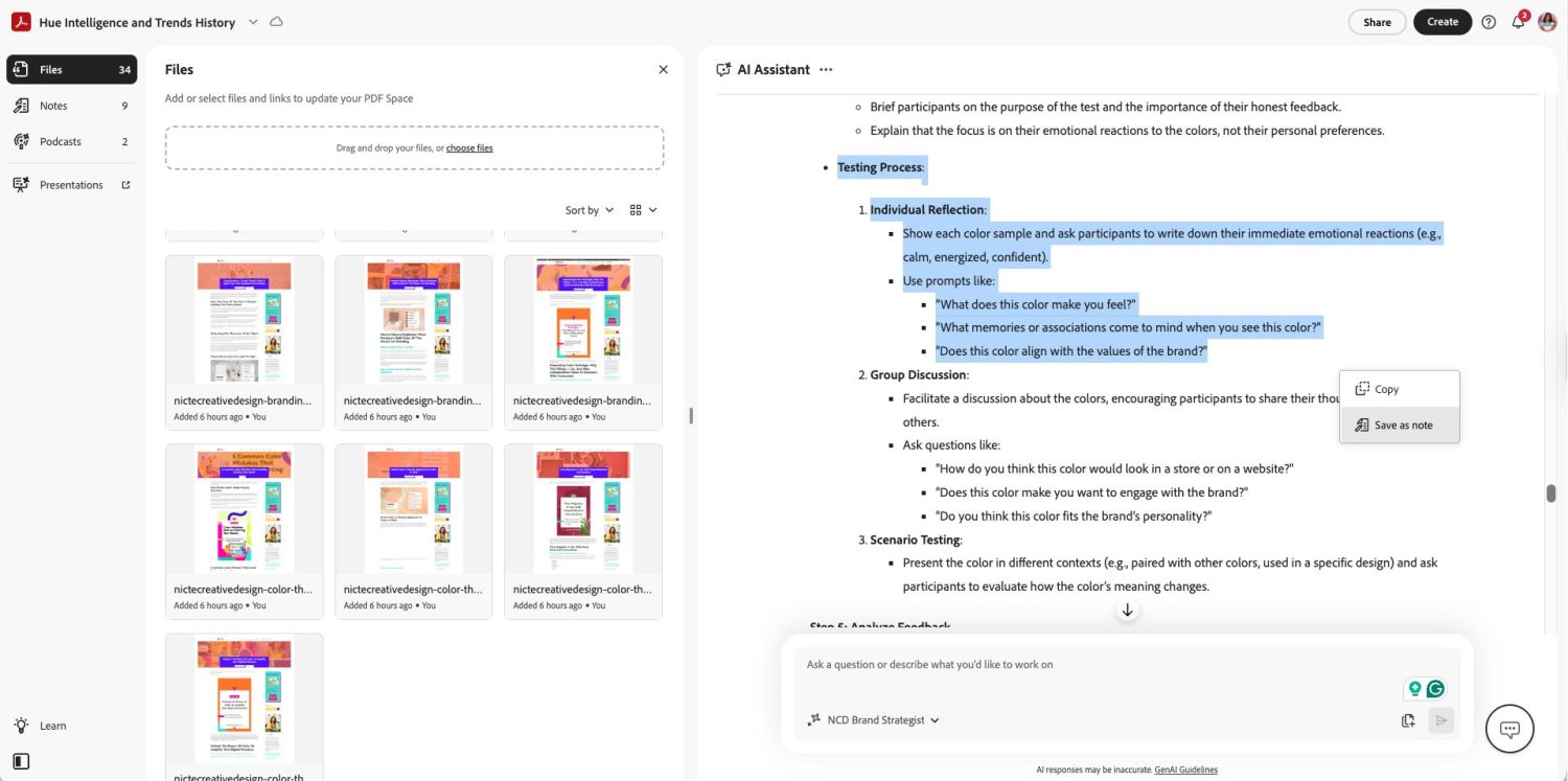 Saving a note from prompt results in Acrobat Studio